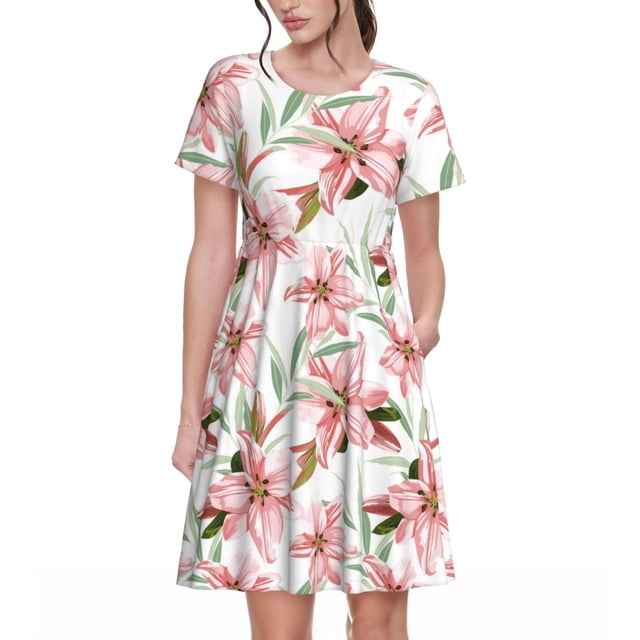 Bixox Robe d'Été à Manches Courtes pour Femmes Robe Ample Longueur Genou avec Poches-Fleurs de Lys