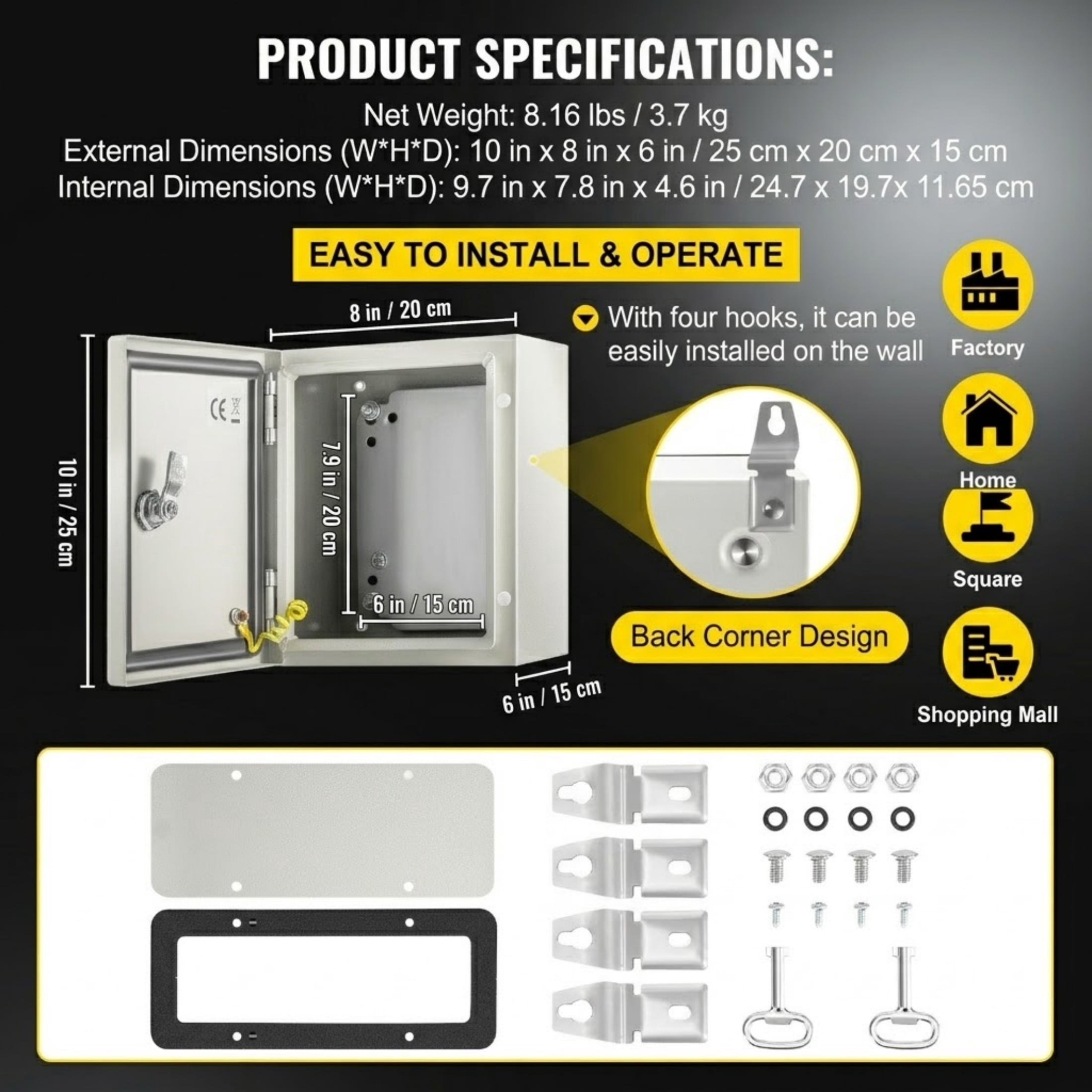 NEMA 4X Metal Electrical Enclosure, 10" x 8" x 6" IP66 Waterproof Case, Outdoor & Indoor Steel Junction Box with Mounting Plate