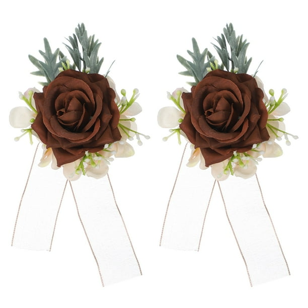 Uxcell 2 Pcs Corsages de muñeca de flores marrones, pulseras de flores artificiales para boda, ceremonia de novio y novia, aniversario, baile de graduación, fiesta