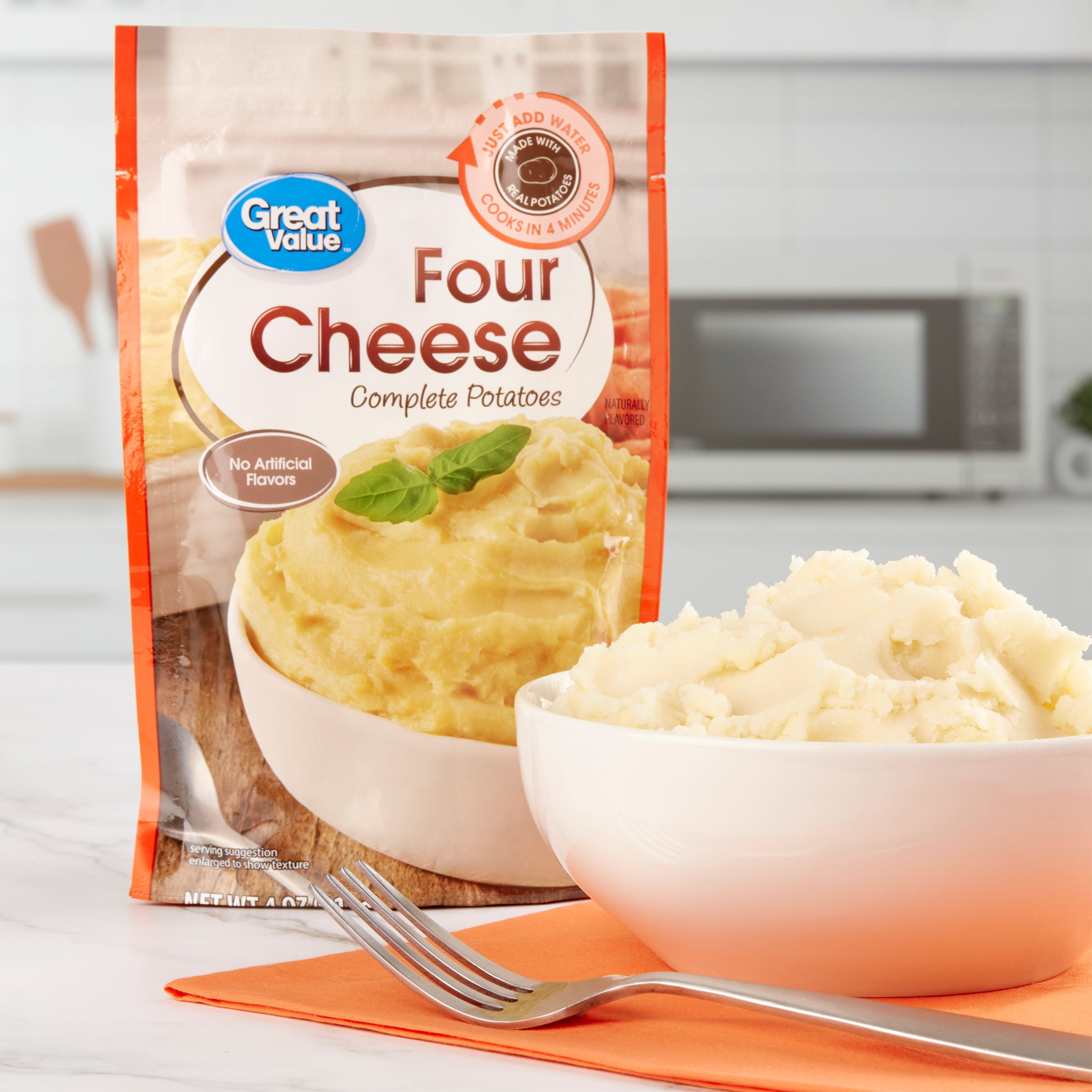 (4 pack) Great Value Four Cheese Complete Potatoes, 4 oz