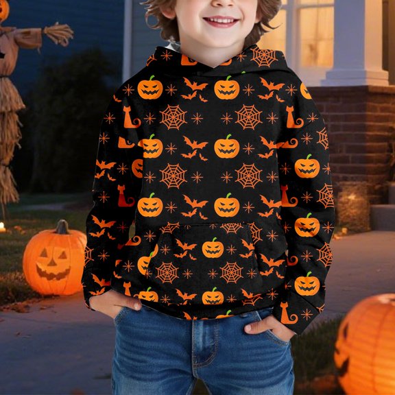 Hpapadks Toddler Hoodie Boys Halloween Fleece Hoodie Outdoor Casual Warm Top Baby Sweatshirt Black 5-6 Years