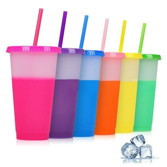 GIXUSIL Color Changing Cold Drink Cups: 24oz Blank Cold Cups - 6 Reusable Cups, Lids and Straws - Summer Coffee Tumblers - Summer Cups, Set of 6(Brights)