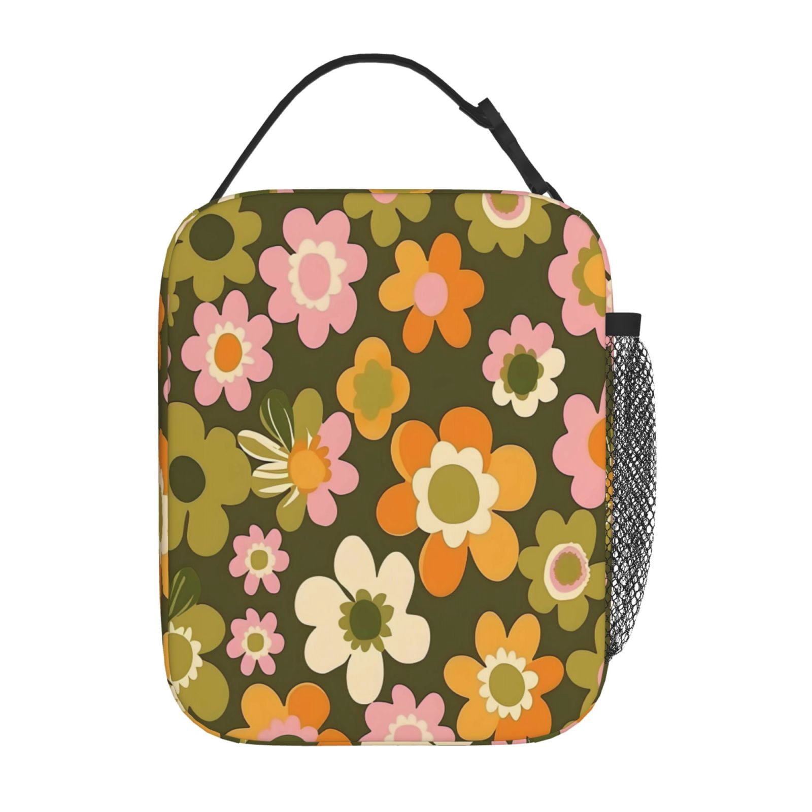 Lunch Bag For Women Men Insulated Portable Lunch Box Bento Box Office Picnic Travel Cooler Bag Retro Groovy Flowers Pattern (3)