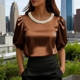 thumbnail image 2 of SYMOID Womens Satin Blouse Brown Fancy Puff Sleeve Top with Faux Pearl Neckline Dressy Evening Party Going Out for Women,Size S, 2 of 5