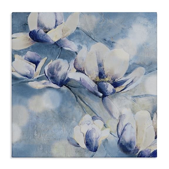 Stupell Industries Blue Flowers & Bokeh Floral Painting Wrapped Canvas Canvas Art Print Wall Art, 17 x 17