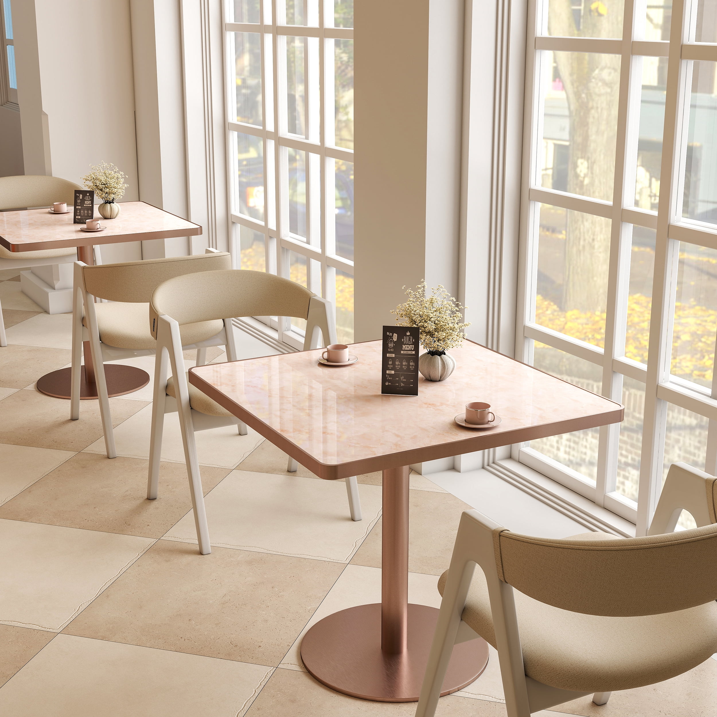 Miniyam 31.5 in Square Dining Table for 2-4, Marble-Look Sintered Stone Top, Stainless Steel Pedestal Base for Small Space, Pink