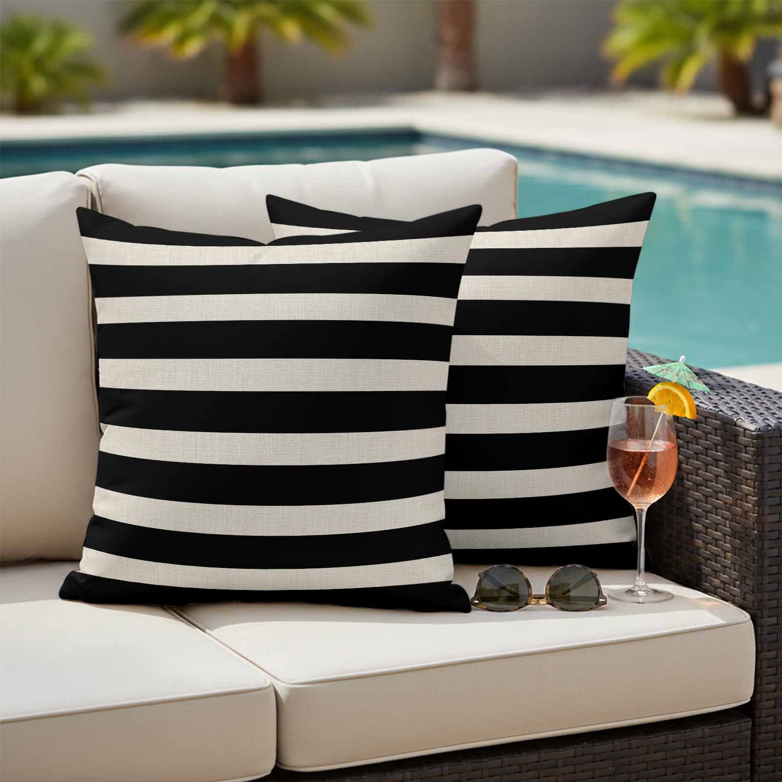 Black Beige Striped Outdoor Waterproof Pillow Covers, Vintage Geometric Line Simple Decorative Square Throw Pillowcase Sofa Cushion Sham for Patio/Couch/Chair, 16"x16" 2 Pack