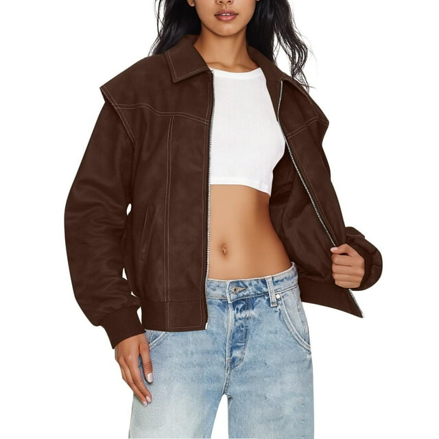Veste en Cuir Femme, Veste de Mode Vintage Décontractée Surdimensionnée avec Poches Fonctionnelles, Veste Femme