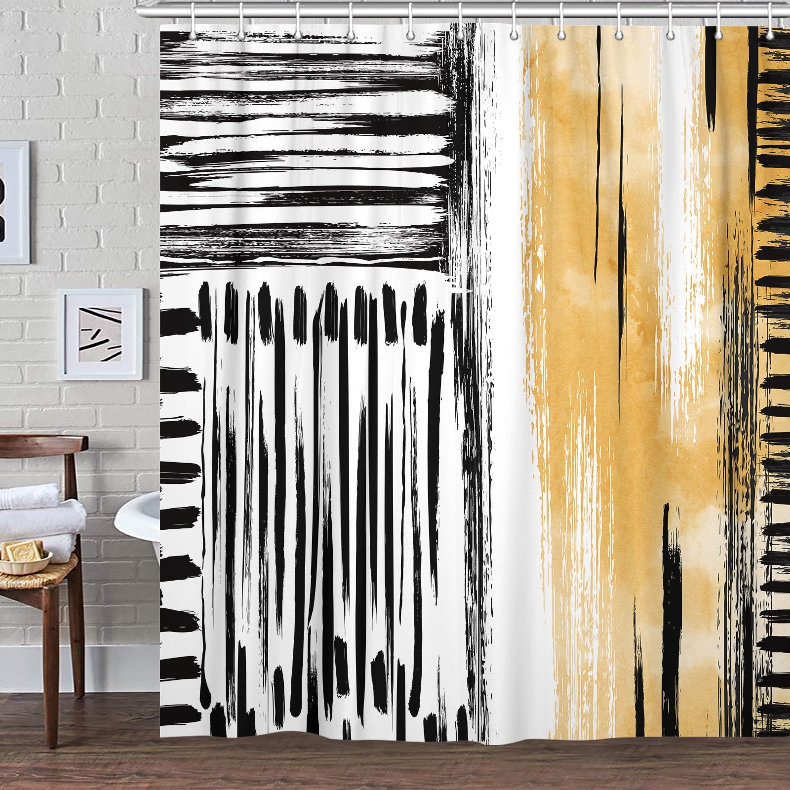 Abstract Designer Shower Curtain Aesthetic Art, Modern Neutral Black and white Yellow Brown Fabric Shower Curtains Set for Men Bathroom Decorative, Restroom Decor Accessories 60X72 Inch