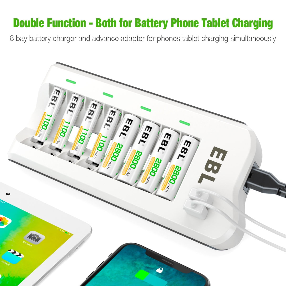 EBL 12 Pack 1100mAh Rechargeable AAA Batteries + 8 Bay Battery Charger for AA  AAA Ni-MH Ni-CD Battery with Dual USB Ports 