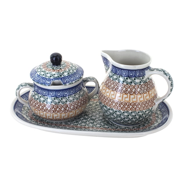 Blue Rose Polish Pottery Athena Large Sugar & Creamer Set with Tray