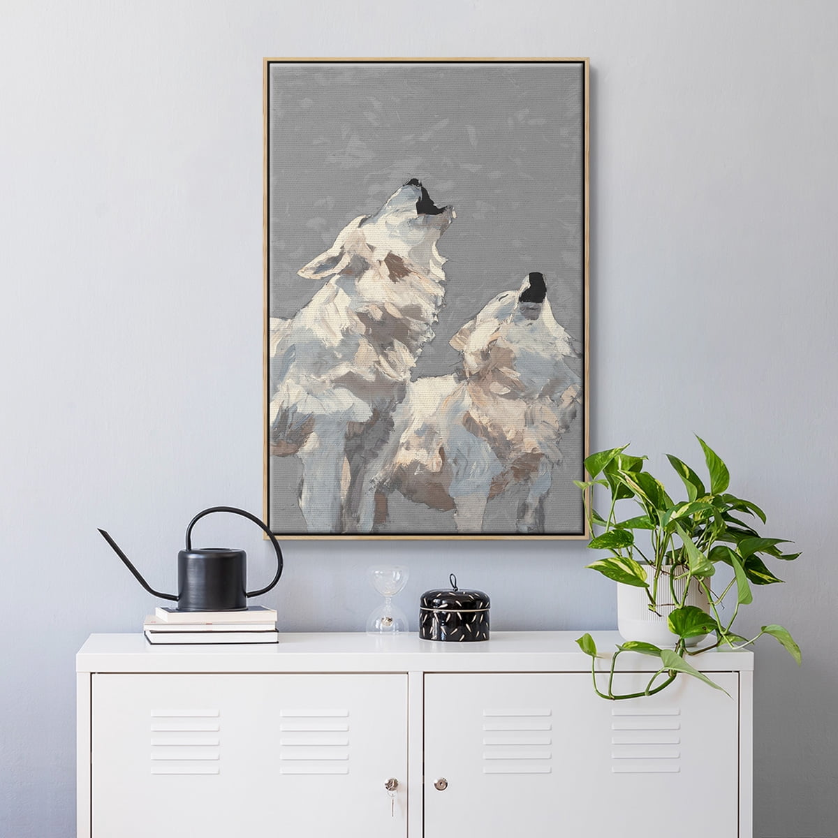 Midnight Wolves Framed Premium Gallery Wrapped Canvas - Ready to Hang - 27 x 41 - Natural Wood Floating Frame
