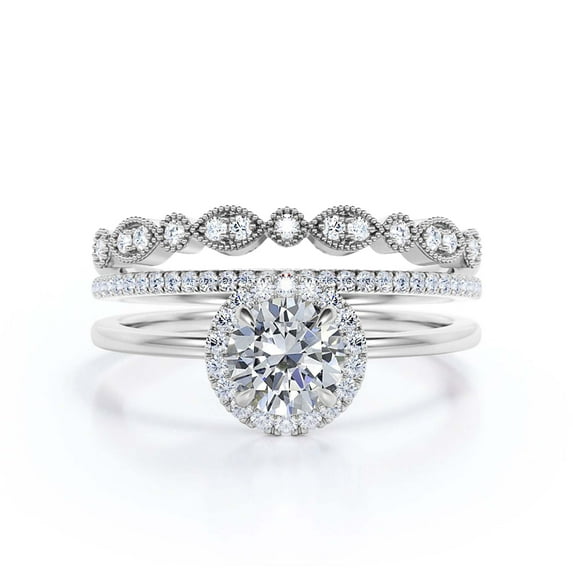 Fairy Minimalist 2.25 Carat Round Cut Diamond Moissanite Engagement Ring, Classic Halo Wedding Ring in 10k Solid White Gold, Gift For Her, Promise Ring, Anniversary Gift, Two Matching Band, Trio Set