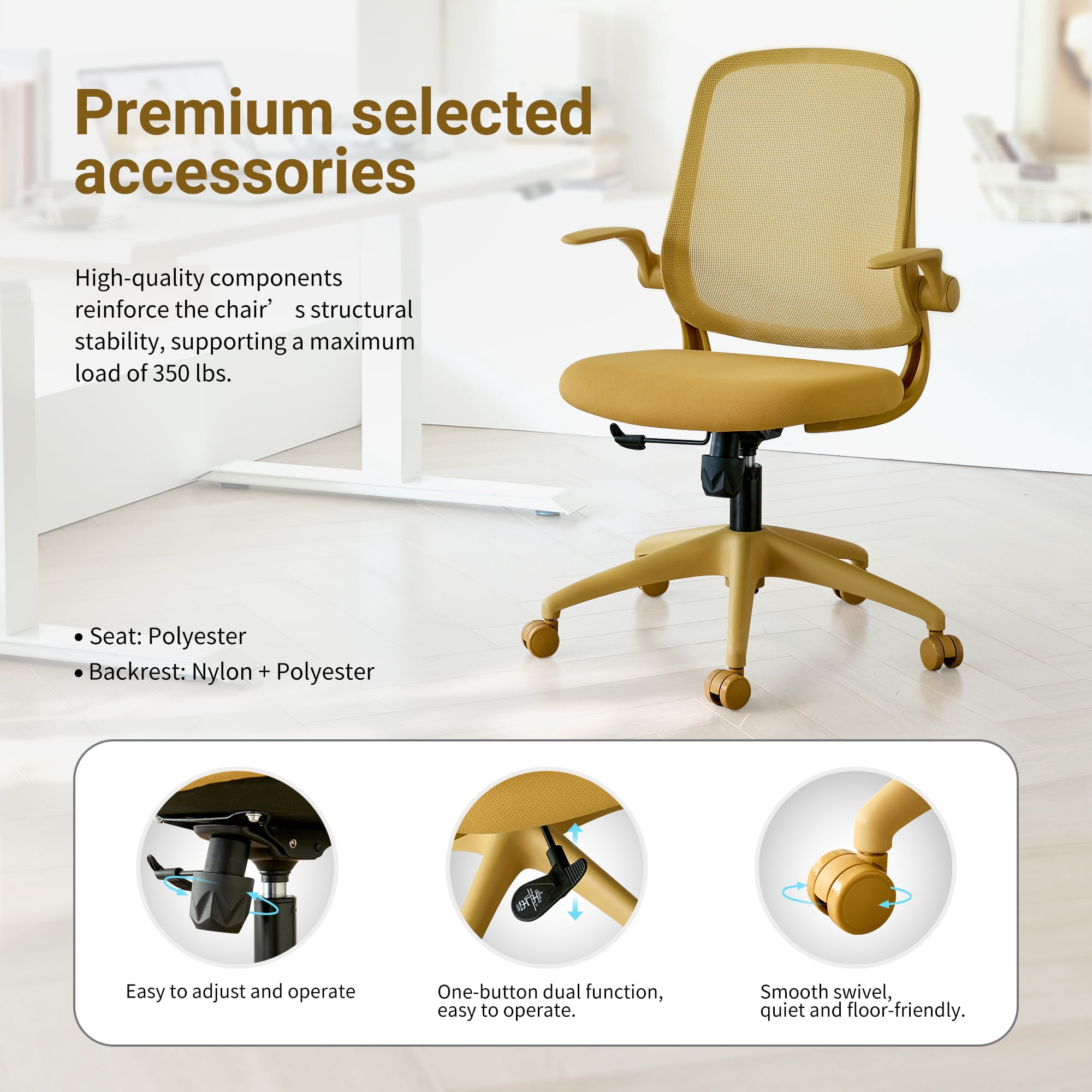 HOQBN Ergonomic Office Chair with Flip-Up Armrests, Breathable Mesh Back, Integrated Molded Foam Seat, 350lb Capacity,Yellow
