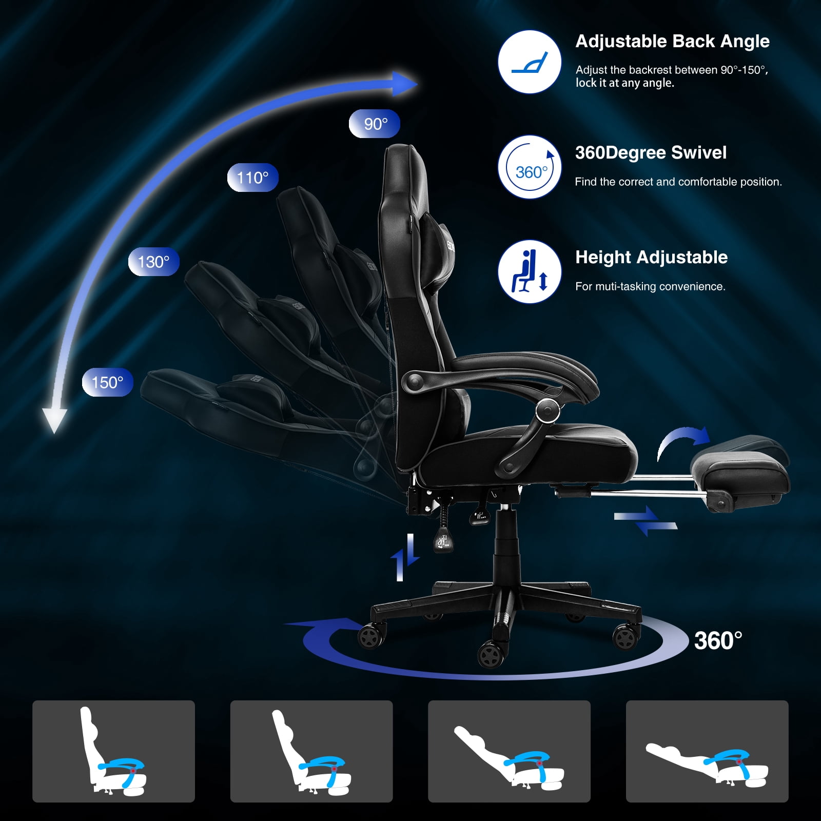 PULUOMIS Gaming Chair with Footrest Ergonomic Office Chair with Arms for Adults Kids, Black