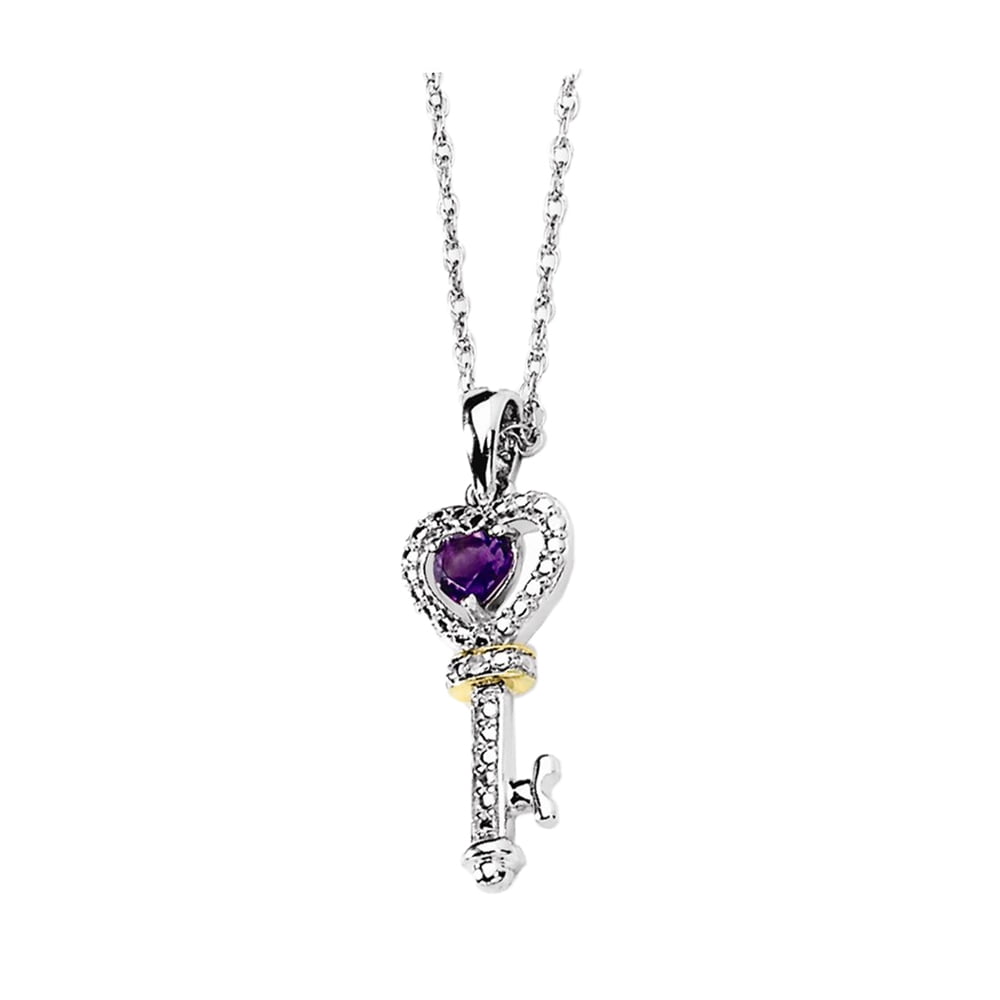 925 Sterling Silver Amethyst and Diamond Key Heart Necklace by