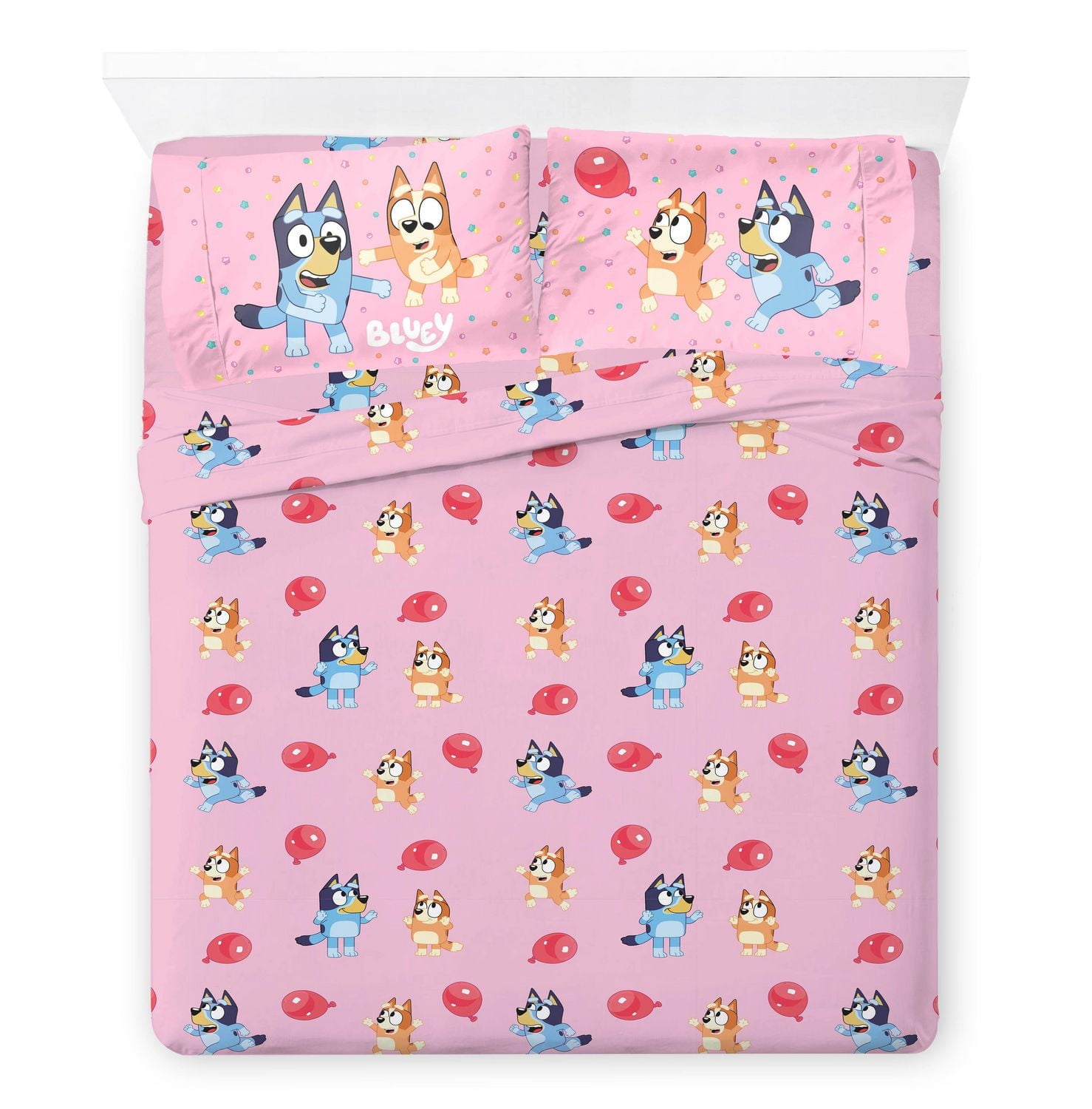Bluey 'Balloon Party' Kids 4-Piece Full Sheet Set, 100% Polyester, Pink