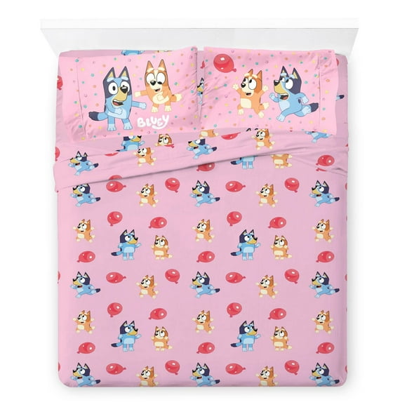 Bluey 'Fête des Ballons' Ensemble de Draps 4-Pièces pour Lit 2 Places pour Enfants, 100 % Polyester, Rose