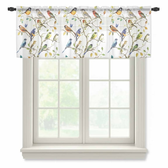 Bird Leaf Valance Curtains for Kitchen/Living Room/Bathroom/Bedroom Window, Rod Pocket Small Topper Half Short Window Curtains Voile Sheer Scarf, Spring Summer Tree Branch Farmhouse Retro 42"x12"