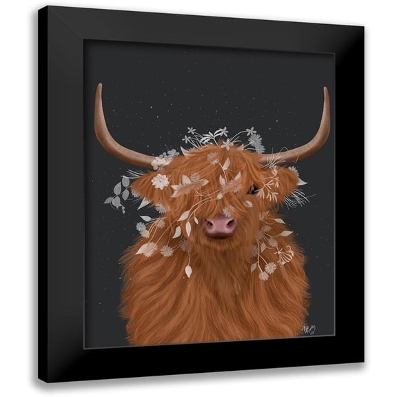 Fab Funky 12x14 Black Modern Framed Museum Art Print Titled - Highland Cow 1, White Flowers