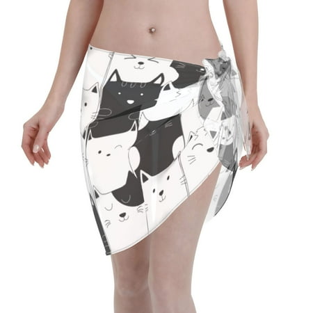 Coaee Doodle Cute Cat Women s Short Sarongs Beach Wrap Sheer Bikini Wraps Chiffon Cover Ups for Beach  Swimming  Holiday