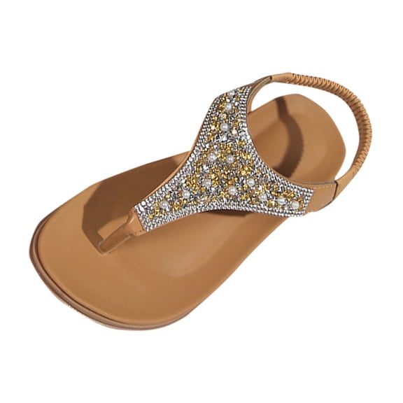 ShiShine Womens Flat Thong Sandals Rhinestone Pearl Embellished Elastic Ankle Strap Slip On Casual Summer Beach Party Shoes