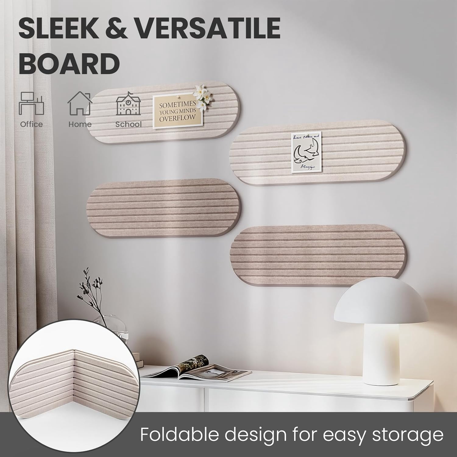 Bulletin Board, 24'' X 8'' Cork Board Alternative, 4 Pack Felt Bar Strips with Pushpins, Foldable Notice Vision Photo Display for Office Home School Wall