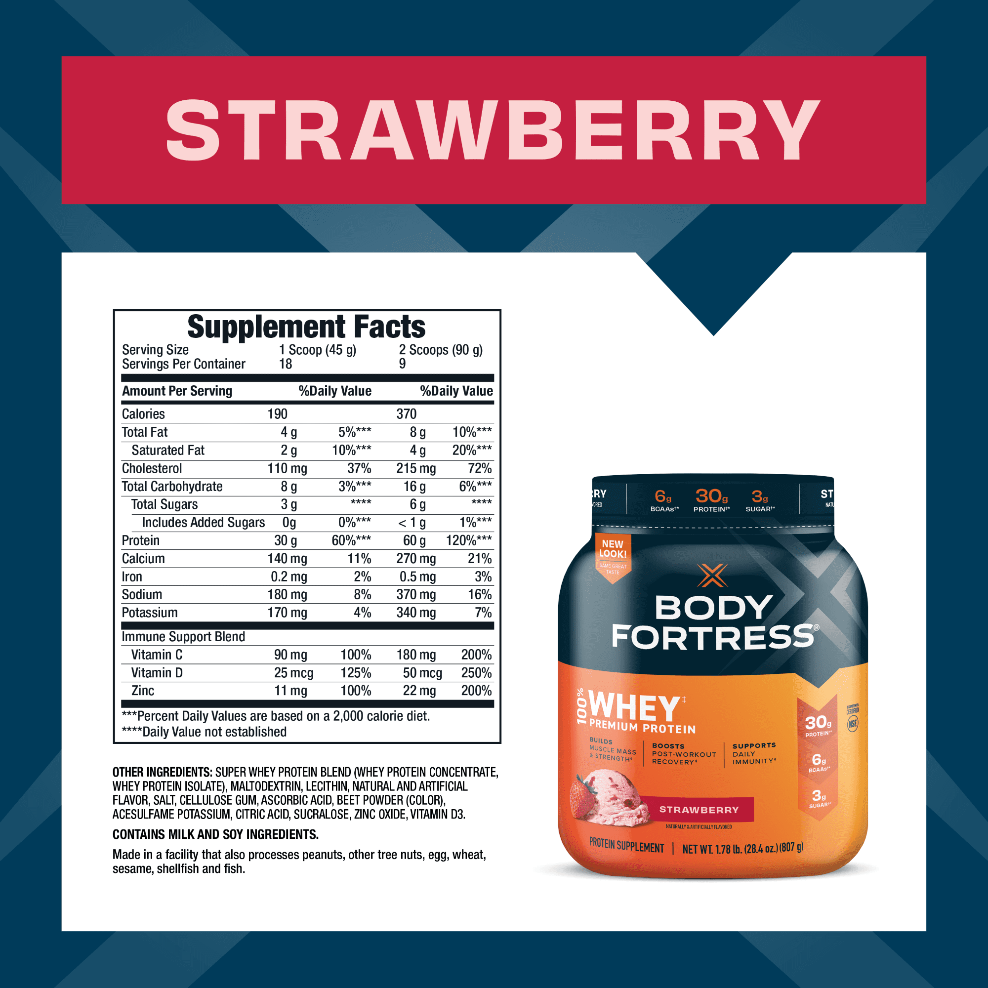 Body Fortress 100 Whey, Premium Protein Powder, Strawberry, 1.78lbs