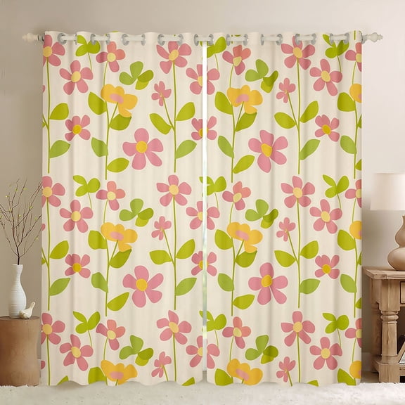 Feelyou Kawaii Rustic Flower Curtains Pack of 2 (42x84 Each) for Kids, Cherry Blossoms Curtains Blackout, Cartoon Floral Botanical Bedroom Curtains, Blackout Curtains Bedroom Decor