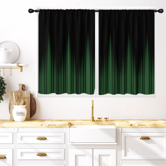 Green and Black Kitchen Window Curtains 27.5 x 36 Inch Small Short Mini Cafe Rod Pocket Gothic Goth Ombre Dark Cool Anime Living Bedroom Room Home Treatment Set of 2 Curtain Panels Drapes Tiers