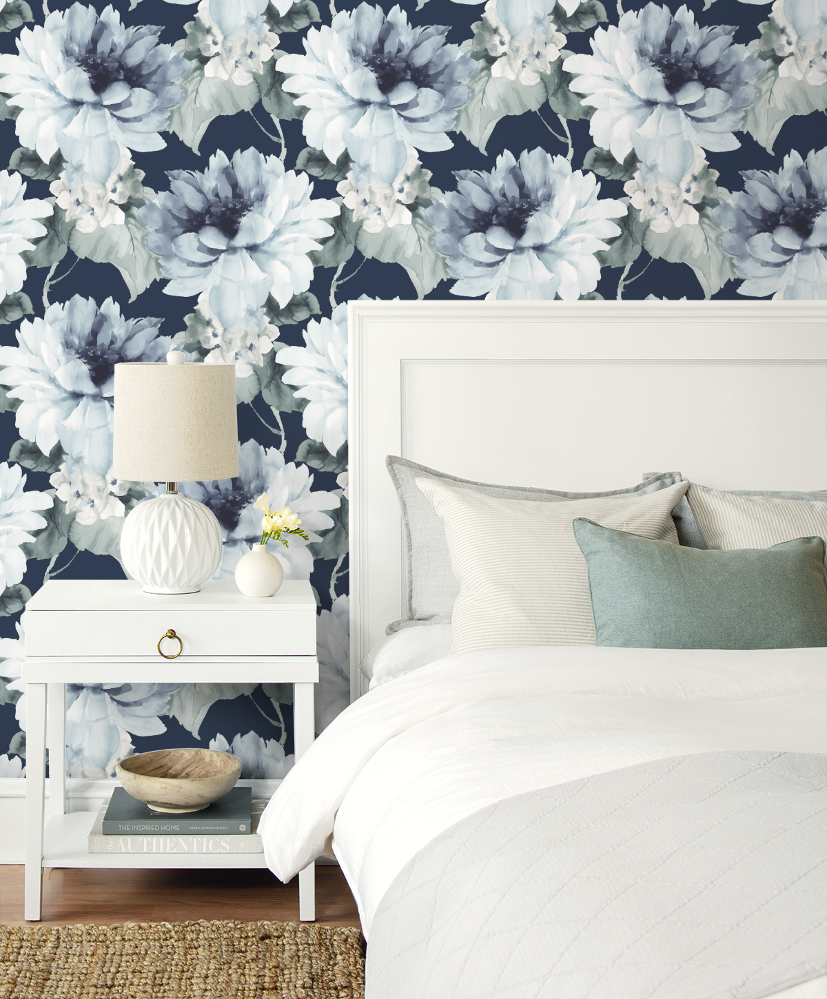 NextWall Harry & Grace Watercolor Floral Peel and Stick Wallpaper 20.5 in. W x 18 ft. L - Navy Blue & Slate Green