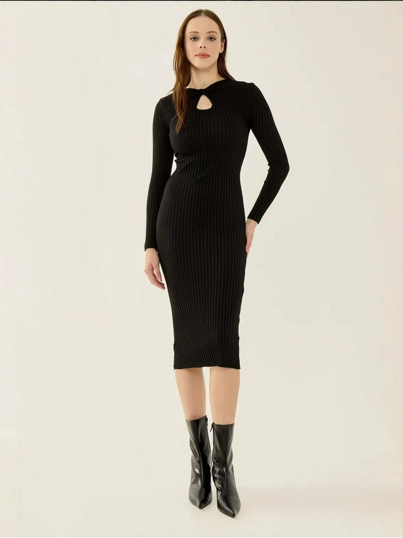 black ribbed collar dress Collared Braided Edge Knit Midi Dress in Black Black S-M
