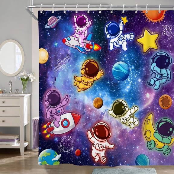 Funny Outer Space Kids Shower Curtain, Waterproof Fabric Bathroom Curtain with Hooks, 70" x 70''