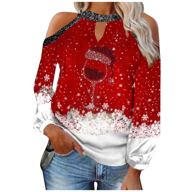 Mujeres otoño Navidad impreso linterna Sexy manga larga sin tirantes pulóver fuera del hombro blusa camiseta Tops Fridja FKASFK6019