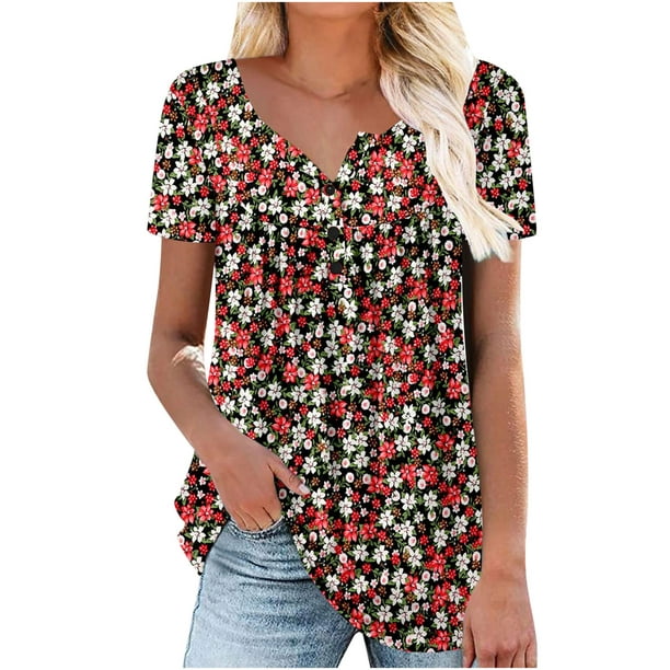Womens Shirts Dressy Casual Cute Size Tops Gradient Strappy Shoulder Shirt V-Neck Buttons Tees Pleasted Loose Short Sleeve Pullover Blusas Casuales Mujer Bonitas - Walmart.com