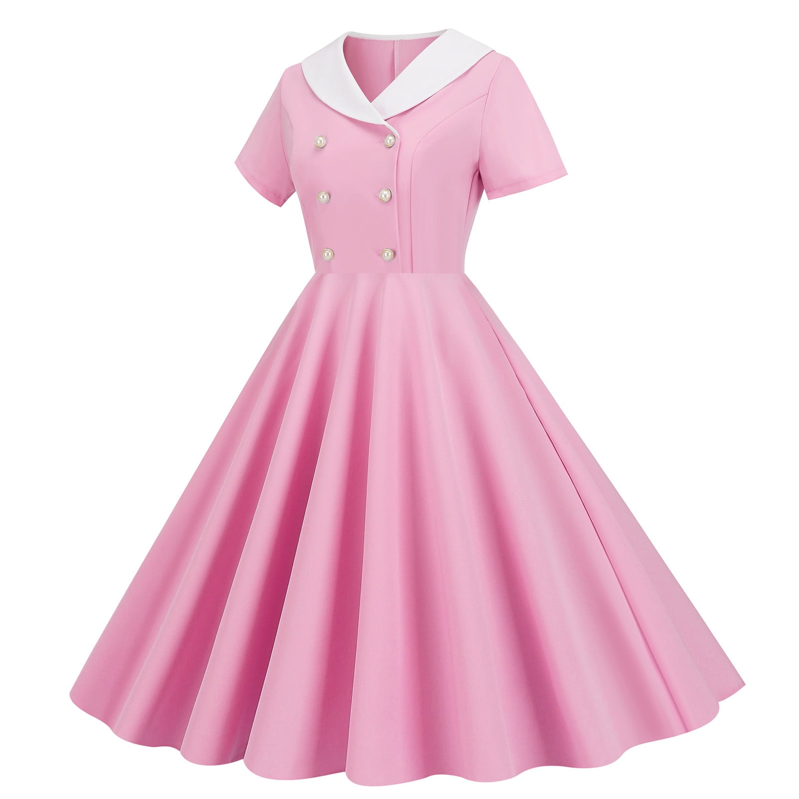 Cavosen 1950 Dress Style Women Pink Short Sleeve 1950S Dress Midi Vintage Retro Ruched Pleated A-Line Dresses Plain Casual Dress V-Neck Dress Going Out Dresses Vacation Clothes S