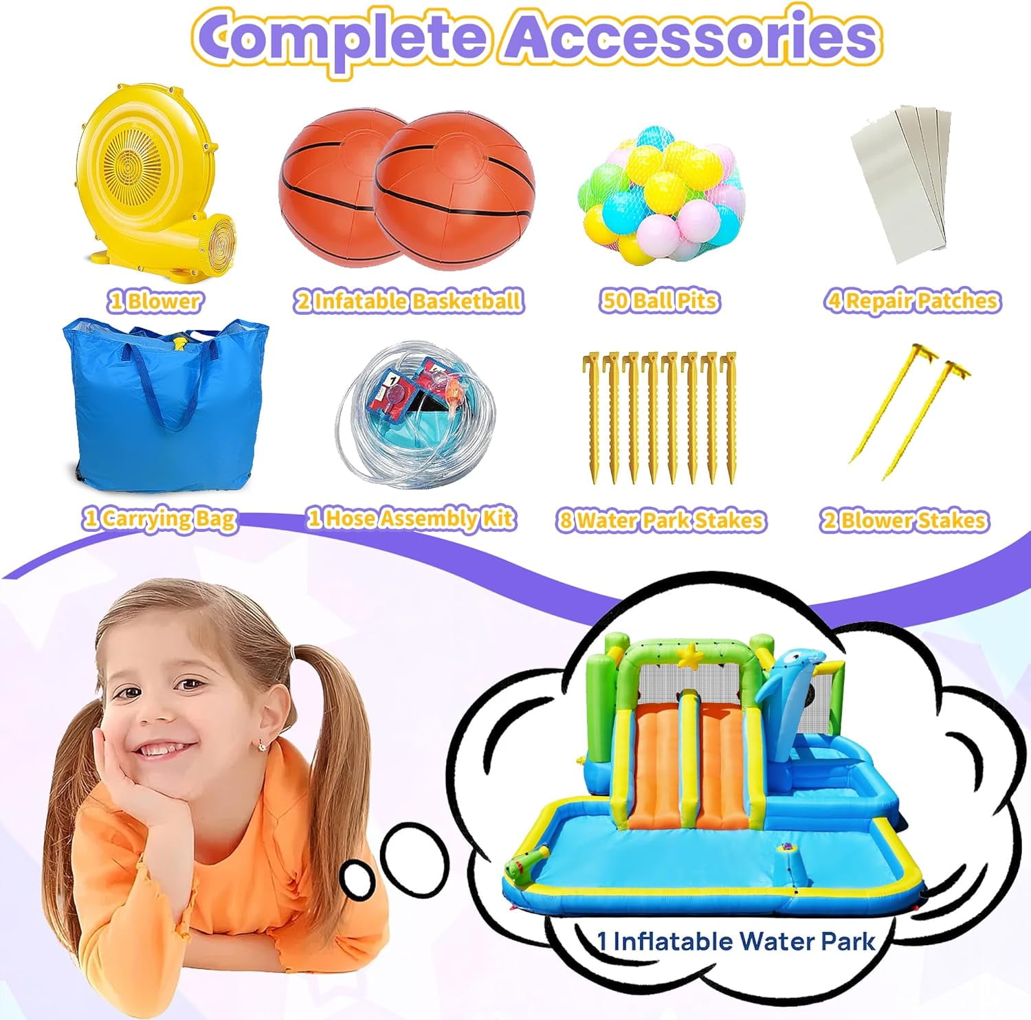 Acpouw 9 in 1 Inflatable Water Slide for 3-12 Years, Bounce House with Blower Shower Soak, Pool, Sprinkler Fountain, Water Gun Target for Kids , Indoor/Outdoor Kids Bouncy Castle with Blower