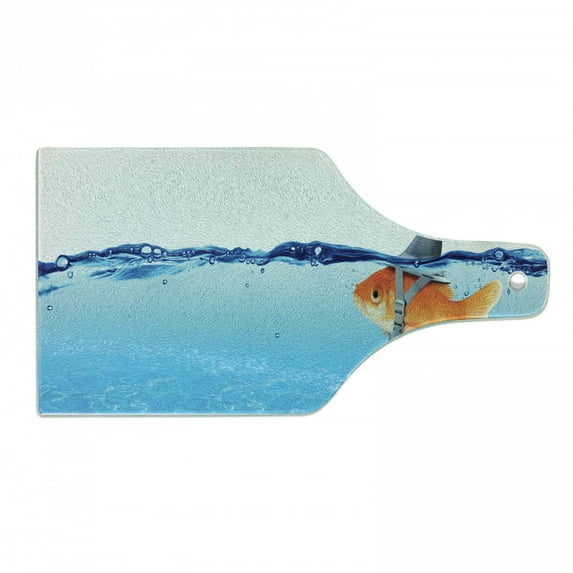 Goldfish Cutting Board, Small Fish with Ambitions of a Big Shark Business Concept, Decorative Tempered Glass Cutting and Serving Board, in 3 Sizes, by Ambesonne