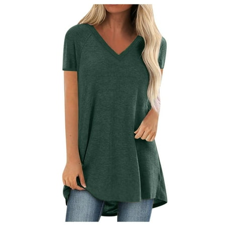 

Summer Womens Casual Dressy Top Fashion Sexy Short Sleeve Solid Color Plus Size Top Ladies Sexy V Neck Loose Fit Shirts