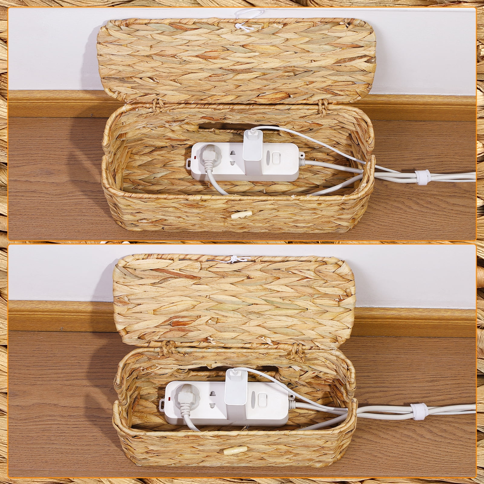 Armscye 2 Pack Wicker Cable Management Box with Lid, 15'' / 12'' Cable Organizer Box and Power Strip Box with 10 Ties, Under Desk Cord Hider and Floor Cable Management for Electrical Cord Management