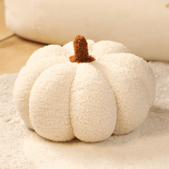 Sherpa Pumpkin Pillow Small Plush Stuffed Cushion Halloween Fall Thanksgiving Decor Fluffy Table Centerpiece Ornament White 9inch