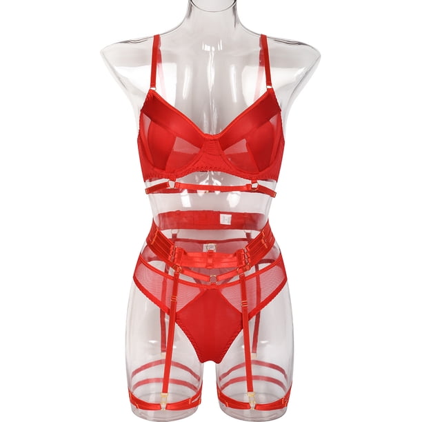 Ropa interior de varias piezas sexy europea y americana, de artesanía pesada, con costura de malla y anillo para las piernas