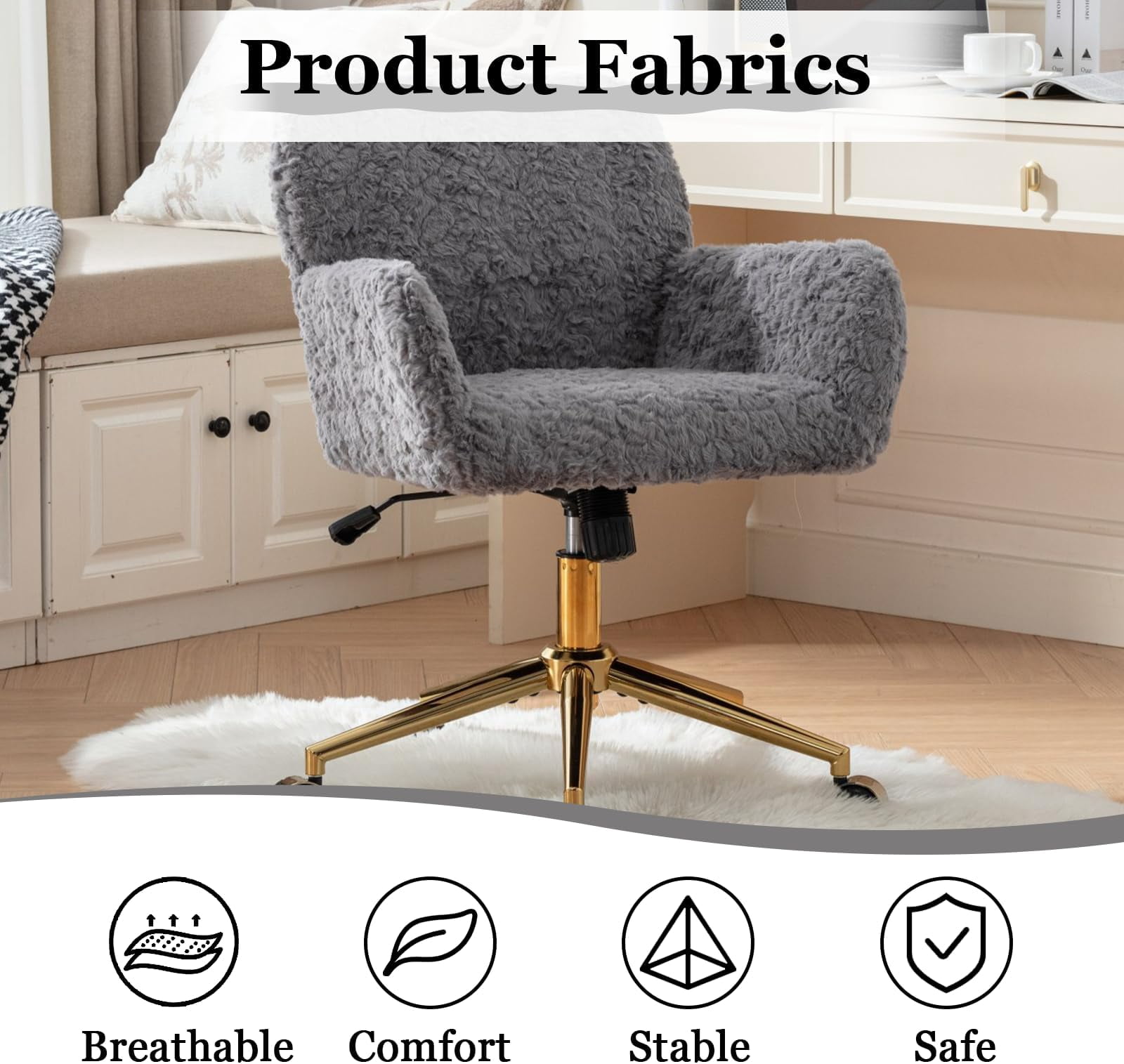 JESTOP Furry Cute Office Chair, Modern Swivel Desk Chair with Wheels, Adjustable Makeup Vanity Chairs with Back, Upholstered Rolling Chairs for Vanity Makeup Room Study Indoor