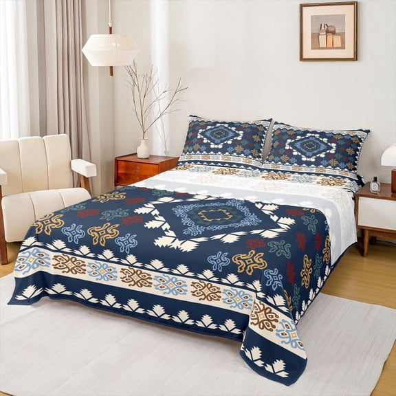 Feelyou Vintage Fashion Aztec Queen Sheet Sets, Navy Damask Triangle Bed Set, 4pcs