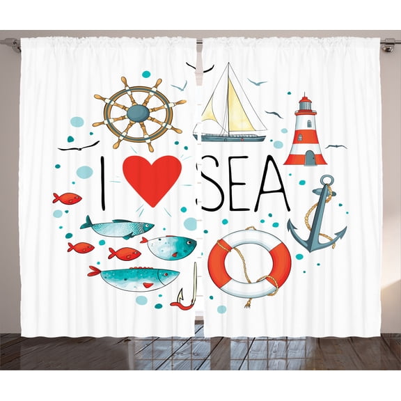 Ambesonne Nautical Curtains 2 Panel Set, I Love Sea Words, 108" x 84", White Red Blue
