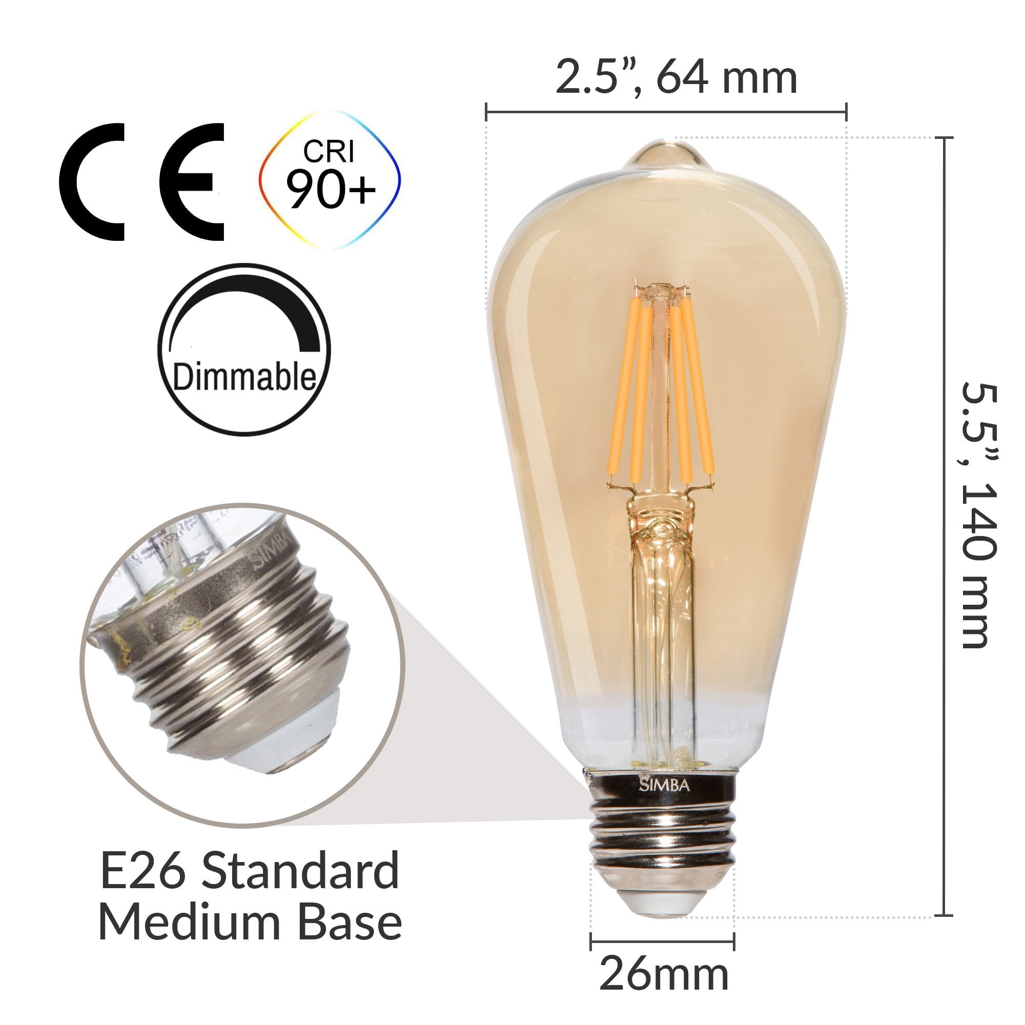 Simba Lighting LED Edison ST21 6W 60W Equivalent Light Bulbs 120V Dimmable E26 Base 2200K Warm Amber 6-Pack