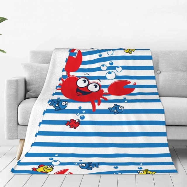 Balery Red Funny Crab on Blue Stripe Manta de Felpa Suave y Acogedora – Cobija de Franela Aterciopelada para Cama, Lavable y Cálida para Sofá, Mascotas, Transpirable-40"x30"