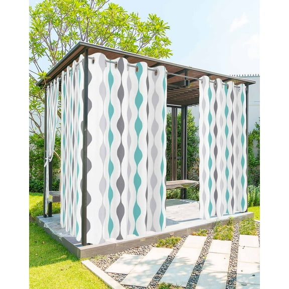 Outdoor Curtains for Patio Teal Grey and Black Geometric Striped Waterproof Privacy Outside Curtains with 2 Tiebacks Grommet Top Pergola Curtains for Porch Cabana Gazebo 1 Panel, 54x84 inch