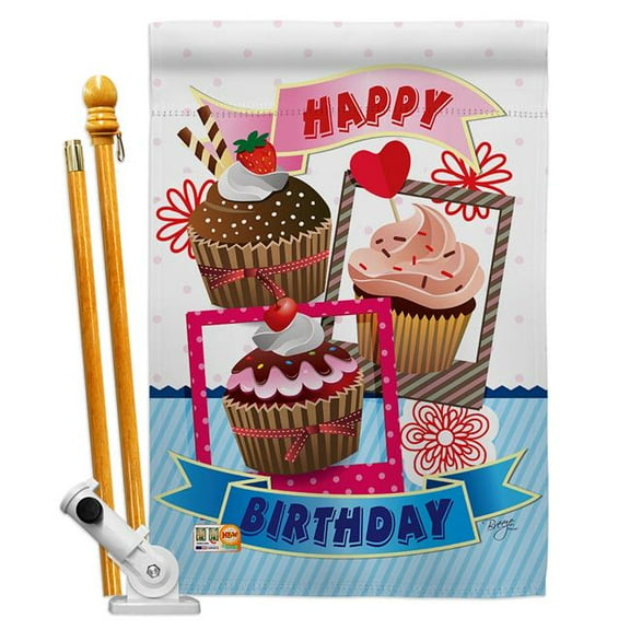 Breeze Decor BD-PC-HS-115096-IP-BO-D-US14-BD 28 x 40 in. Birthday Cupcake Special Occasion Party & Celebration Impressions Decorative Vertical Double Sided House Flag Set & Pole Bracket Hardware