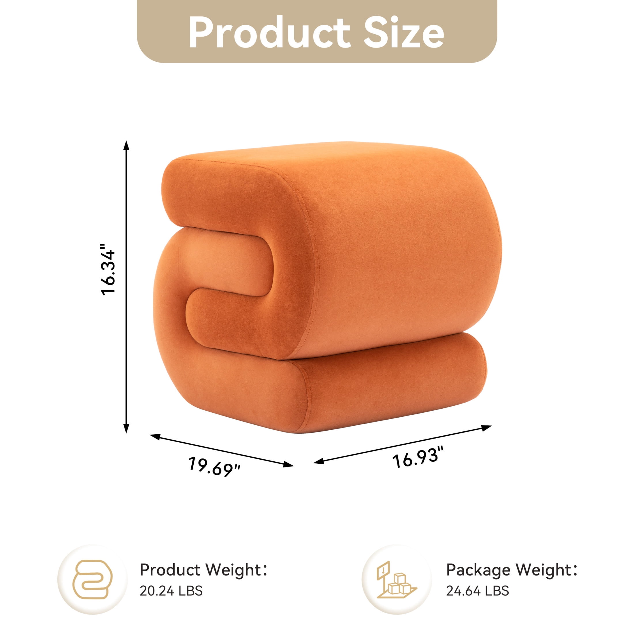 Noble House Rache 19" S-Shape Velvet Accent Ottoman, Plush Makeup Footrest Table Stool with Foam, Orange